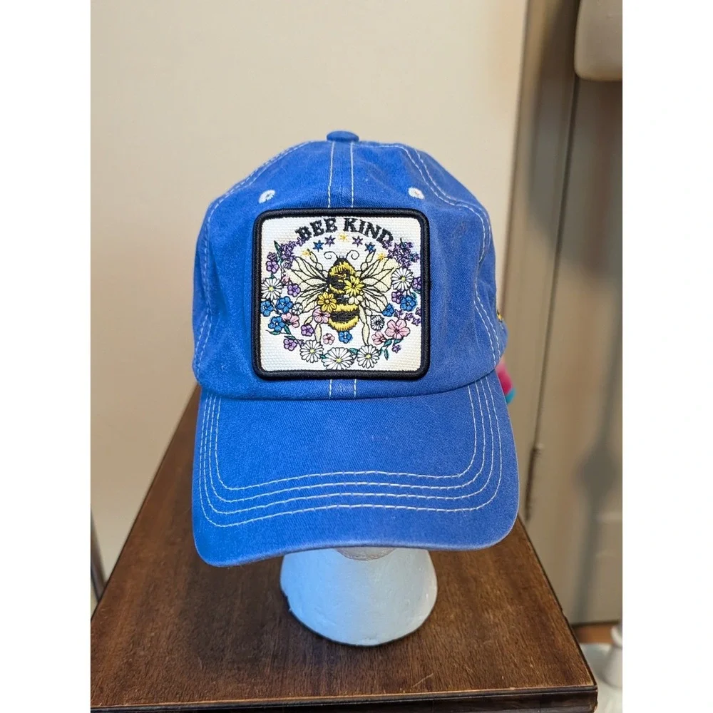 4350 District Bee Kind Blue Cotton Baseball Cap Floral Patch Adjustable Hat Boho